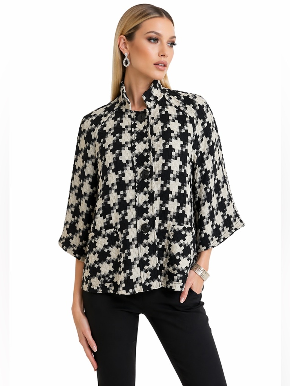 Coldwater Creek Blazer Size Small (6-8) Houndstooth 3/4 Sleeve Lined 3 Button